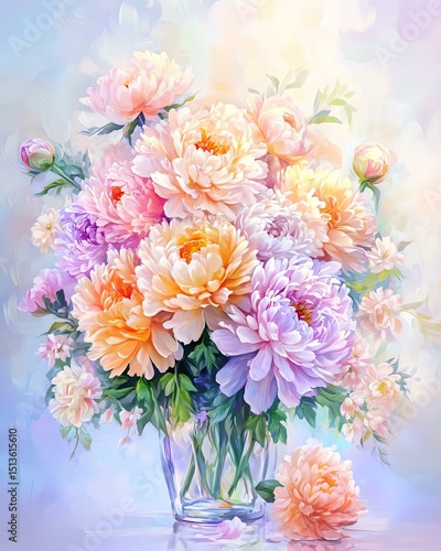 Beautiful bouquet of pastel peonies blossoms.