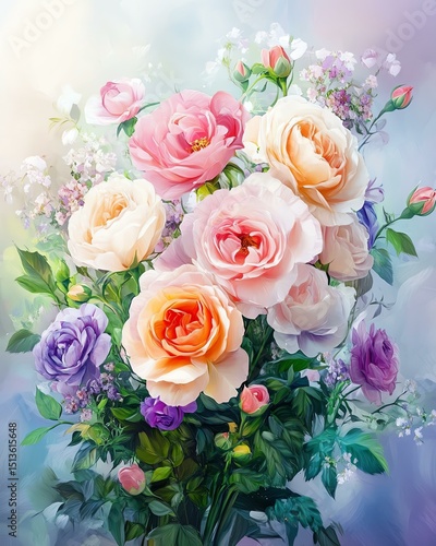 Colorful bouquet of fresh blooming roses.