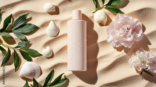 Fototapeta Naklejka Na Ścianę i Meble -  feminine-style matte bottle in blush tones resting gently on pristine beach sand, seashells and peonies scattered around, romantic sunlight casting dramatic diagonal shadows