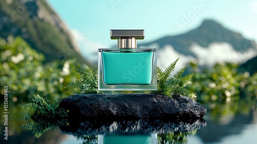 simple perfume bottle in matte jade finish balanced on a floating basalt slab, with ferns and foggy mountain atmosphere behind, clean natural lighting