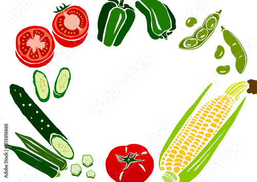 レトロな手書きの野菜イラストセット。野菜フレーム素材