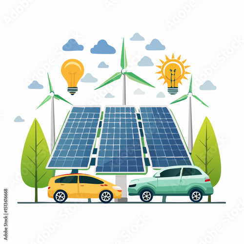 Green Energy Solution: Eco-friendly electric cars charging via solar panels, powered by wind turbines, symbolizing sustainable energy and clean transportation.