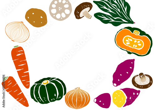 レトロな手書きの野菜イラストセット。野菜フレーム素材
