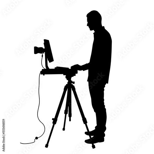 Console gamer streaming with tripod camera silhouette in black and white, digital broadcasting