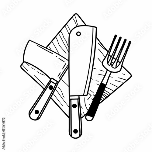 Butcher knives cleaver fork wooden cutting board isolated