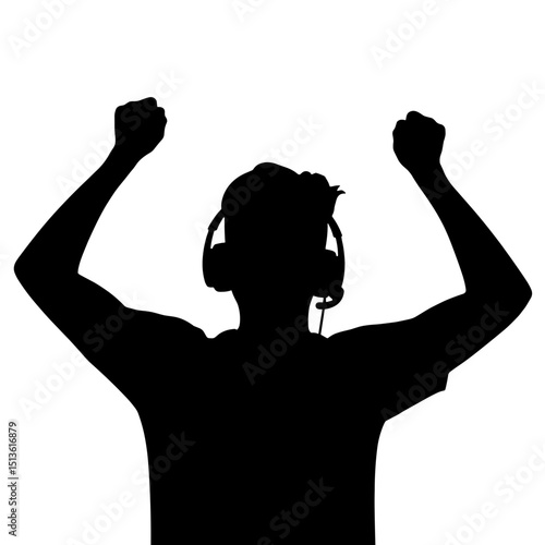 Gamer celebrating victory with headset silhouette in black and white, gaming excitement