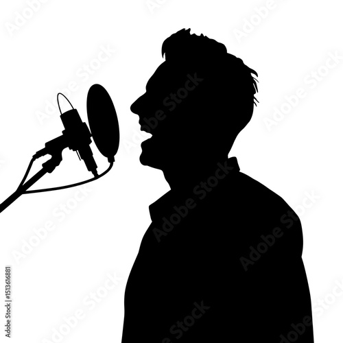 Person recording vocals with microphone silhouette in black and white, audio production