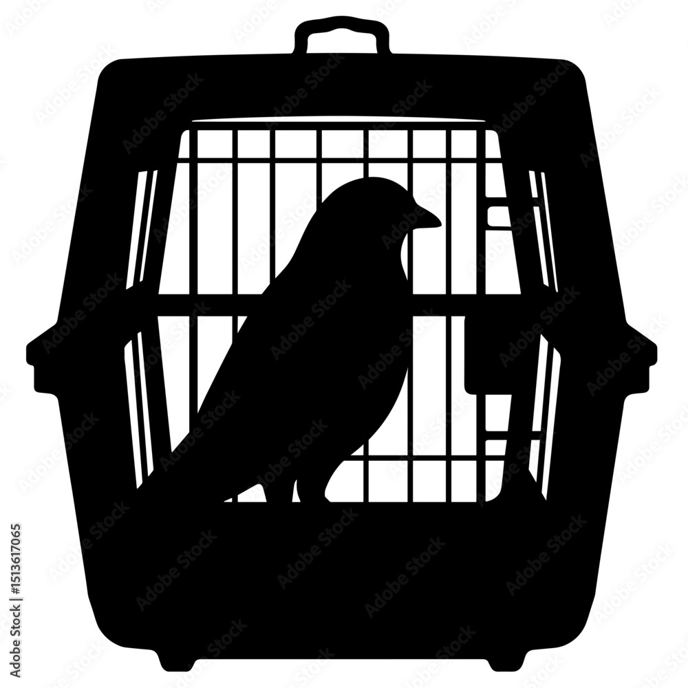 Fototapeta premium Bird in travel cage silhouette in black and white, animal transport safety