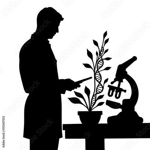 Scientist analyzing plant genes silhouette in black and white, biotechnology research