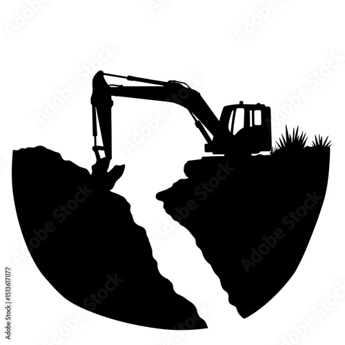 Excavator silhouette digging trench at construction site, black and white