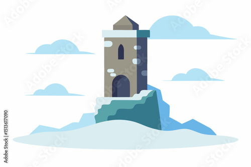 abandoned stone tower in a frosty field surrounded 