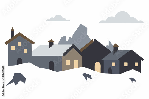 abandoned village covered in snow with crumbling