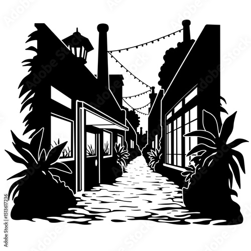 Alley juice bar silhouette with plants in black and white