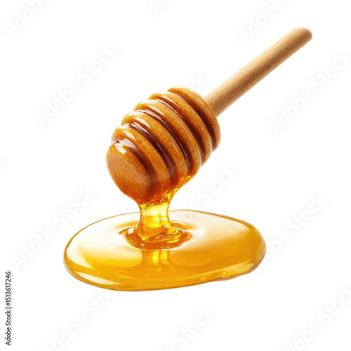 honey dripping from a wooden dipper isolated
