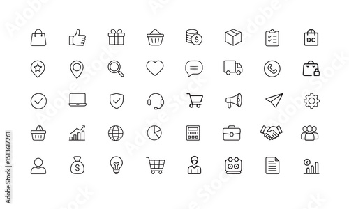 Set of minimalist outline icons for business shopping and communication concepts