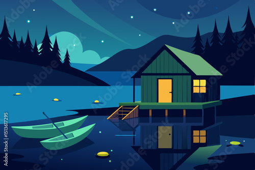 boathouse by a calm lake  canoes tied to a dock  