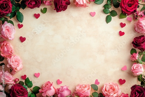 Pink and red roses create a lovely frame around a beige background, interspersed with small decorative hearts. Perfect for Valentine's Day or romantic occasions.