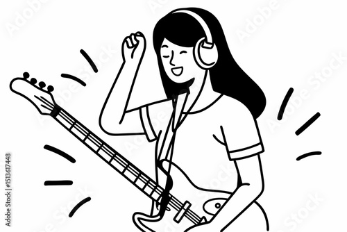 Young asian woman wearing headphone and white short sleeve shirt while playing guitar and singing rock song with happiness isolated