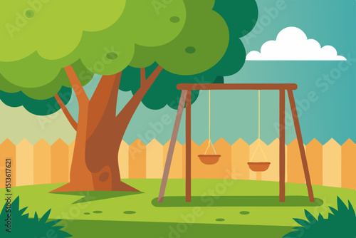 swing set under a tree in a sunlit backyard with 