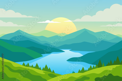 view from a high mountain overlook  sun glinting 