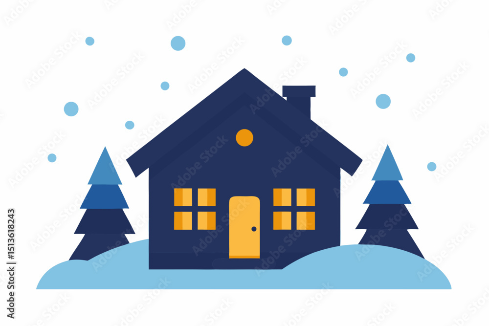 Fototapeta premium winter cabin with glowing windows surrounded 