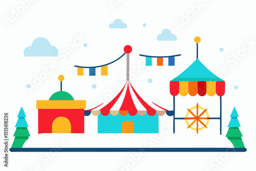 winter fairground with colorful lights and snow 