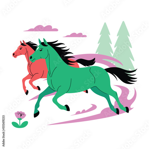 Two Galloping Horses Vector Art