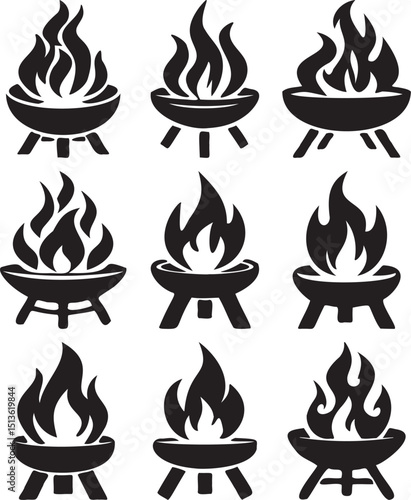 Set of Fire Pit and Campfire Vector Silhouettes for Outdoor and BBQ Designs
