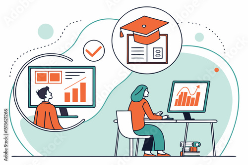 Student and teacher working with online data charts and graduation icons