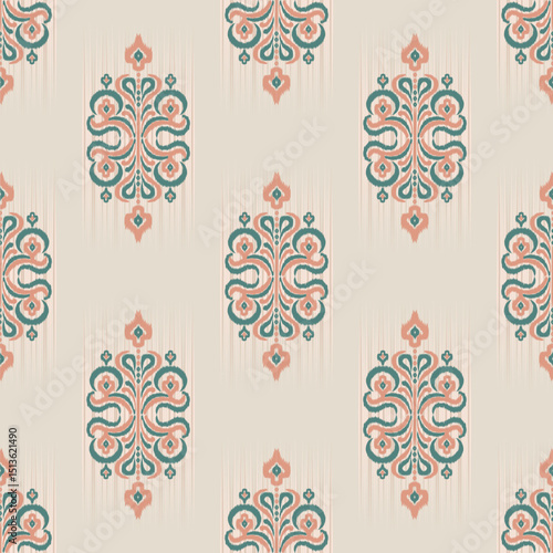 Elegant ikat-inspired textile designs in peach, mint, and cream tones. Perfect for saree fabric borders, ethnic patterns, and traditional Indian textile projects.