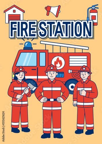 Fire Station with Fire Truck and Firefighters