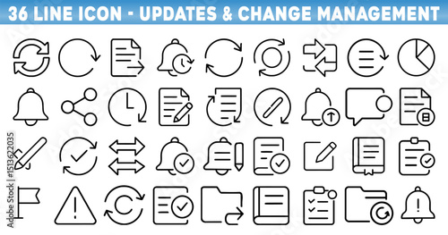Overview of Line Icons for Updates and Change Management Showcasing Various Symbols of Communication and Status