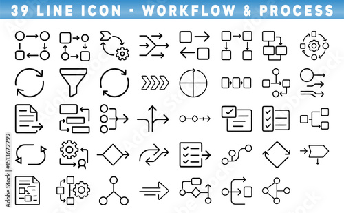 Collection of Line Icons Illustrating Workflow and Process Elements With Various Design Styles for Versatile Application in Projects