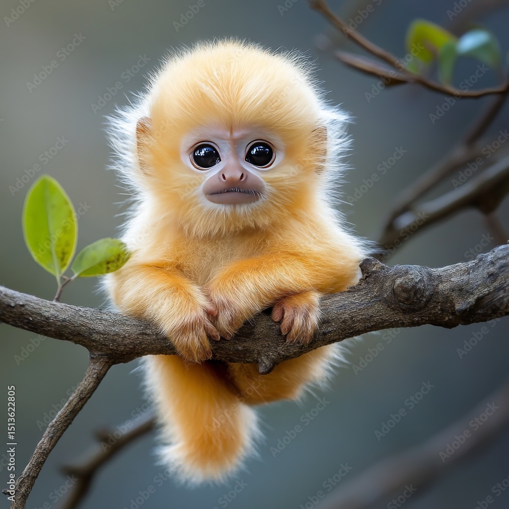 Obraz premium Captivating Portrait of a Golden Langur Baby Perched on a Tree Branch, showcasing its endearing innocence and unique golden fur. Mesmerizing eyes draw you in.