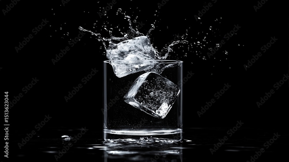 A high-energy pour of carbonated liquid into a glass with ice, splashing as it meets the cubes, all against a dark and sleek background. A high-energy pour of carbonated liquid into a glass with ice, splashing as it meets the cubes, all against a dark and sleek background.