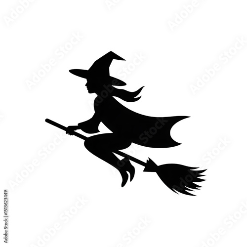 A mysterious witch silhouetted on her broomstick soaring through the night on transparent background