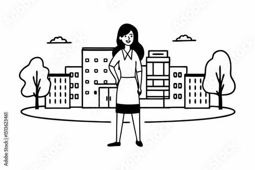 Young smiling latin girl college student or teacher looking at camera standing in university campus. Happy hispanic millennial woman professional posing in modern coworking creative office