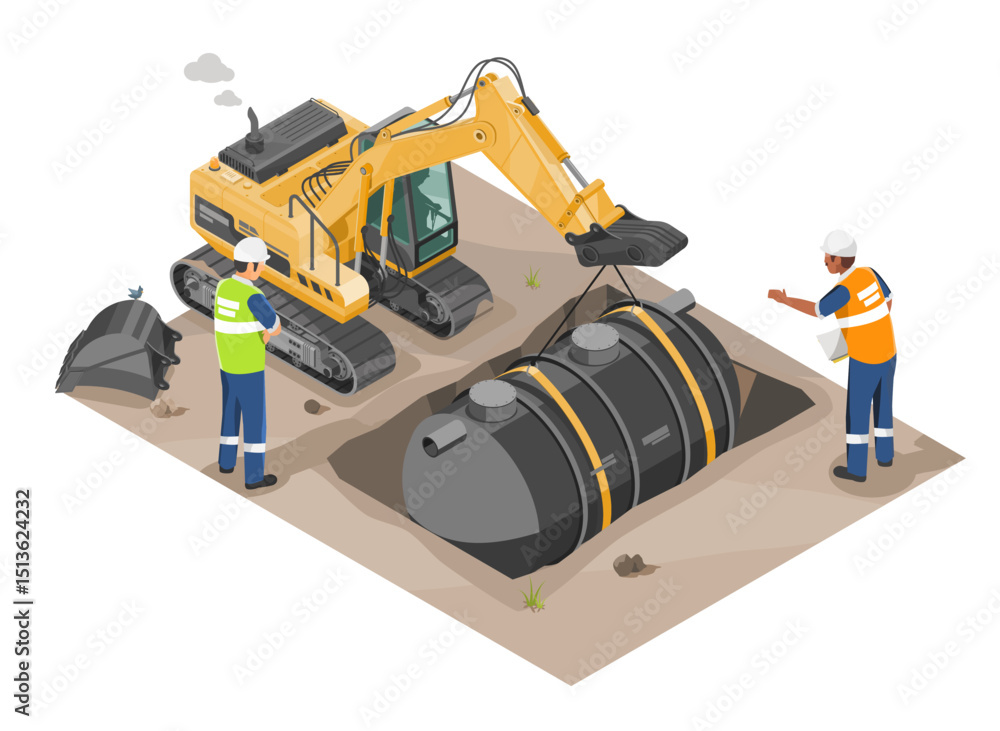 Fototapeta premium Construction workers installing underground wastewater treatment tank with excavator at building site for environmental sanitation system