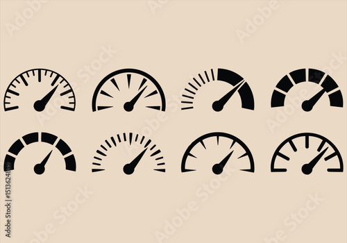 Vector illustration of speedometer icons in various styles - speedometer, icons, vector, gauge, meter, dashboard, speed, measurement, graphic, black.