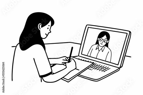 Young woman student is taking notes on notebook during learning lessons online on laptop with lecturer to preparing for examination in college