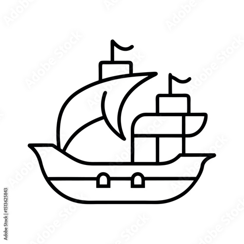Traditional Whaling Ship Line Art Vector Drawing