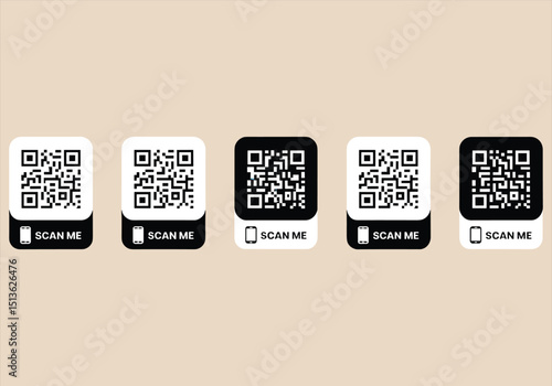 Vector illustration of QR code icons with scan me text in black and white design - QR code, icons, scan me, vector, black, white, digital, technology, barcode, mobile.
