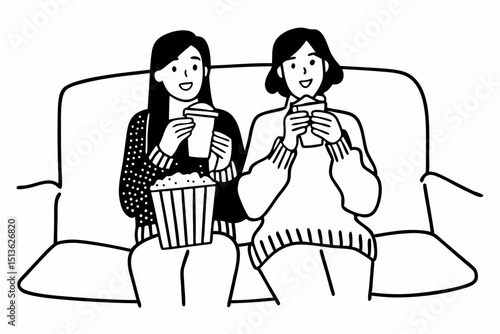 Young woman lesbian couple in sweater sitting on the comfortable sofa to watching cinema together in living room at home and eating delicious popcorn with drinking hot chocolate