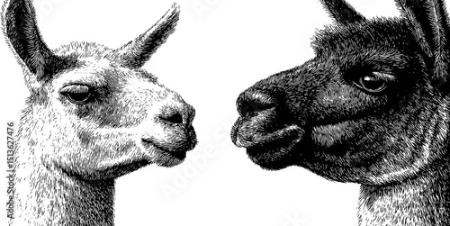 Intricate engraved illustration set of alpaca profiles for nature and design art