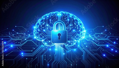 A glowing digital brain with a padlock at its center symbolizes cybersecurity and the protection of artificial intelligence and digital information.