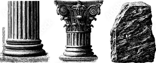 Detailed engravings of ancient temple columns and architectural elements