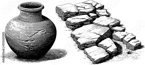 Engraved illustrations of ancient water pot and stone ruins for historical design