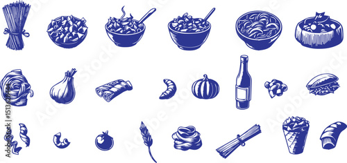 
Hand drawn pasta set. Various Mediterranean pasta. Italian food illustrations for cafe or restaurant menu. Doodle sketch icons