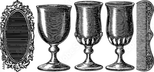 Vintage engraved illustration set of antique goblets and ornate mirror for design