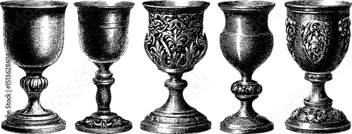Engraved antique goblet collection with ornate designs for historical enthusiasts